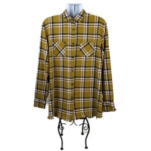 One24 Rags Mustard Plaid Button Up Long Sleeve Frayed Flannel Shirt Women XXXL